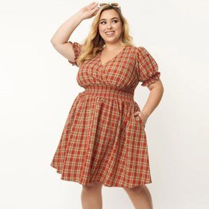 Red & Green Plaid Smocked Flare Dress, Unique Vintage Plus Size